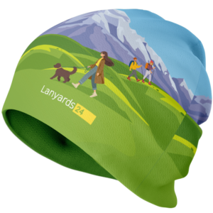 Gorro de doble capa con impresión personalizada y un logotipo de Lanyards24. Fondo neutro.